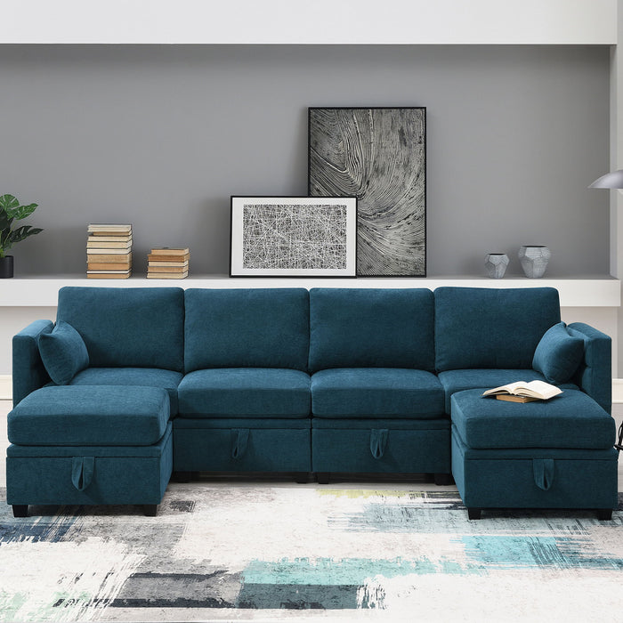 Chenille Modular Sectional Sofa, U Shaped Couch With Adjustable Armrests And Backrests, 6 Seat Reversible Sofa Bed With Storage Seats For Living Room, Apartment