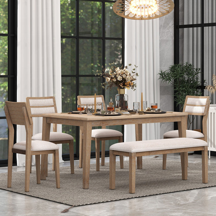 Dining Set Classic And Traditional Style, Includes Dining Table, 4 Upholstered Chairs & Bench