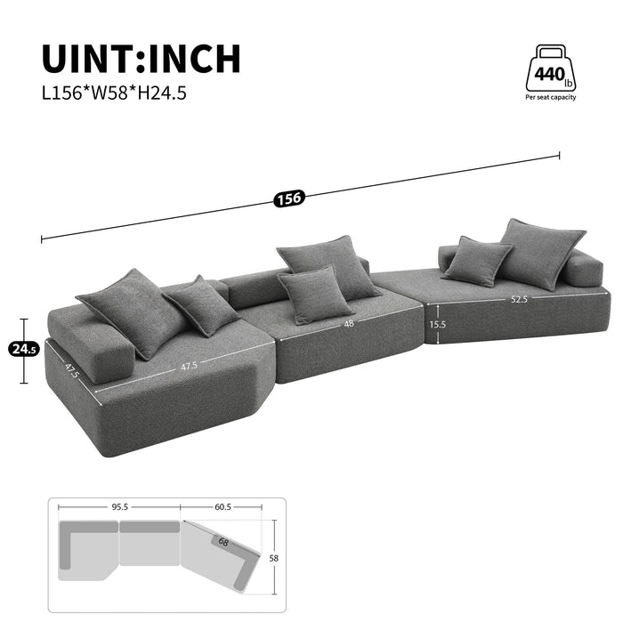 156" Oversized Modular Sectional Sofa, Luxury Boucle Floor Couch Set, Convertible Sleeper Couch, Spacious Foam-Filled Sofa Bed For Living Room, 3 Piece Free Combination - Gray