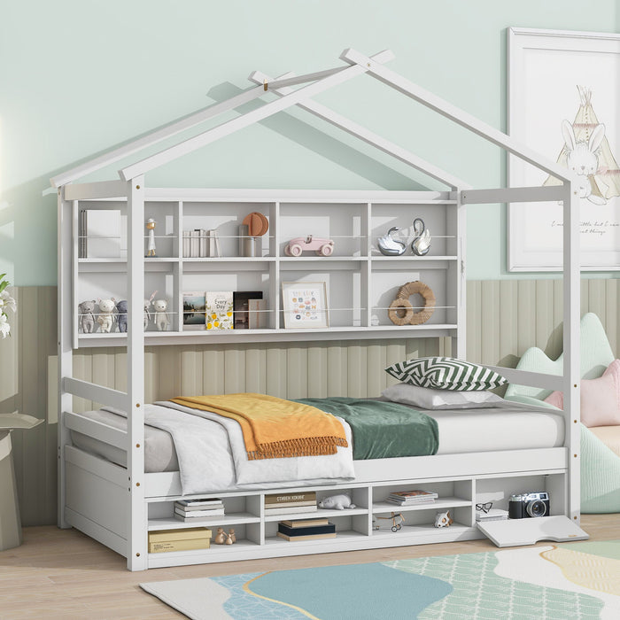 Twin House Bed With Roof Frame, Bedside-Shelves, Under Bed Storage Unit - White