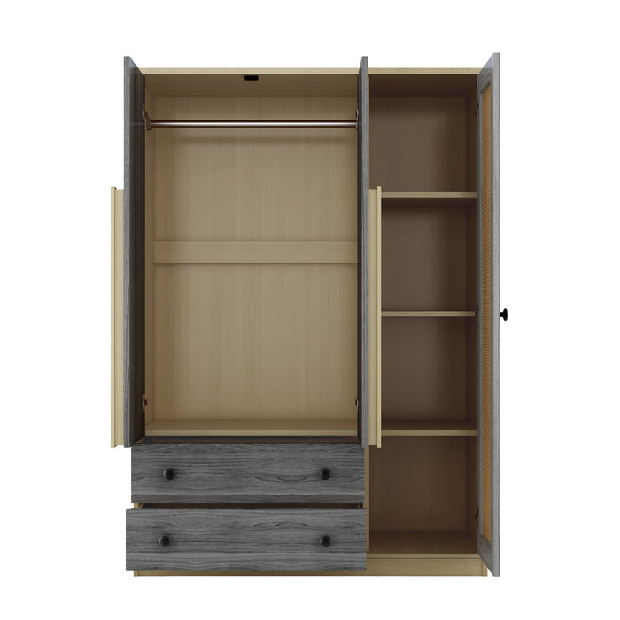 3 Doors Rattan Wardrobe Storage For Bedroom, With 2 Drawers