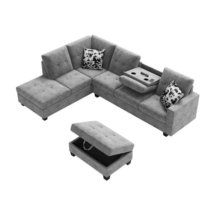 Remi - Velvet Reversible Sectional Sofa With Dropdown Table, Charging Ports, Cupholders, Storage Ottoman, And Pillows