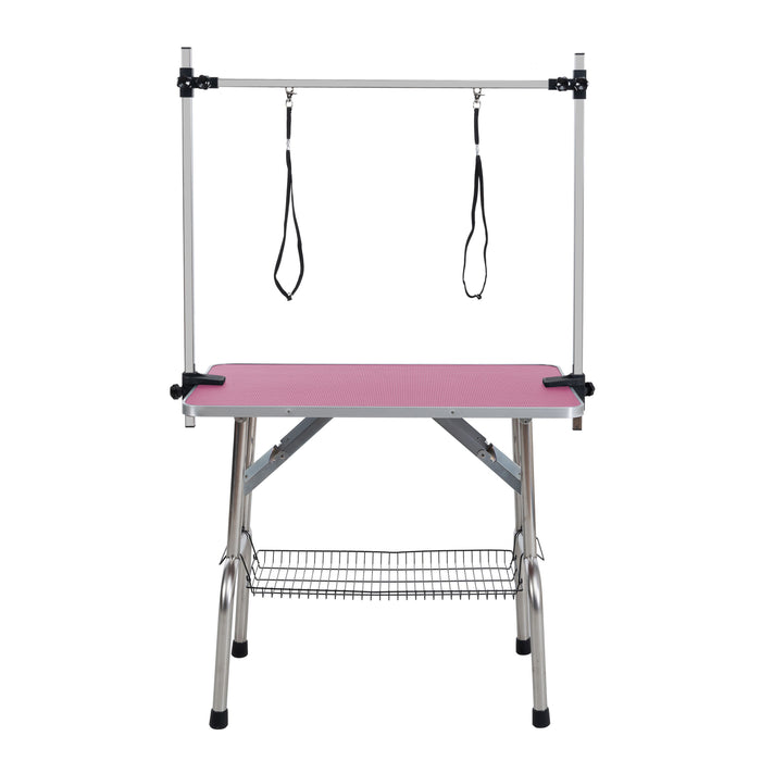 Folding Dog Pet Grooming Table Stainless Steel Frame Rubber Mat On Board, With Adjustable Arm And Clamps Pet Dog Cat Grooming Table - Pink