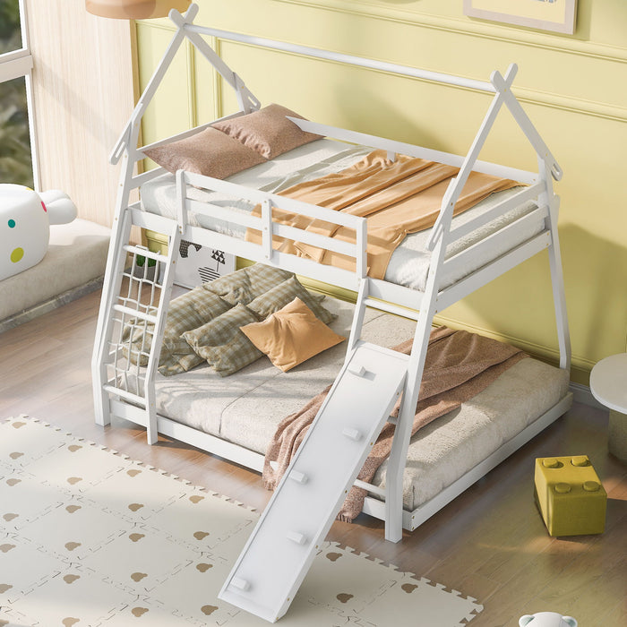 Kids Furniture - House Bunk Bed With Climbing Nets And Climbing Ramp