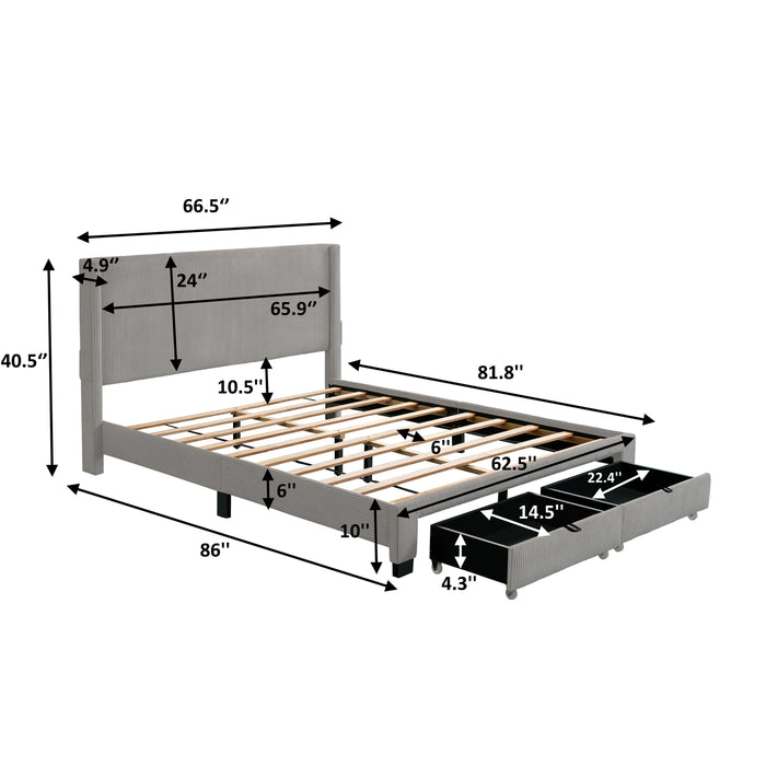 Corduroy Velvet Footboard Drawer Storage Upholstered Wingback Bed No Box Spring Require