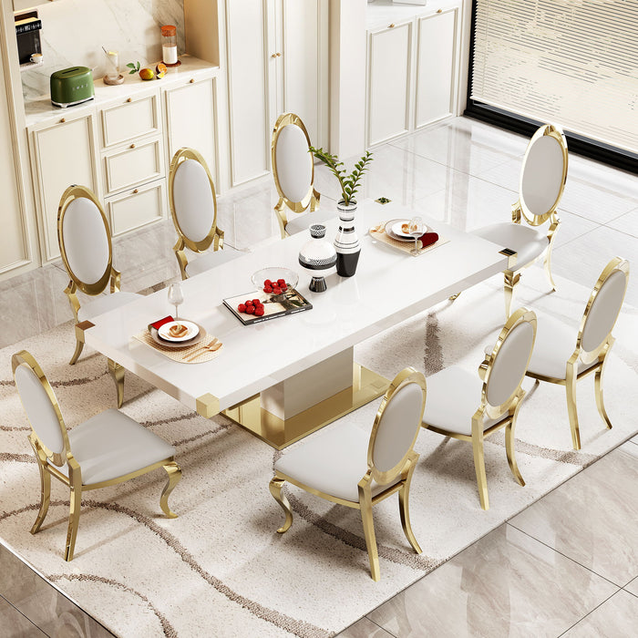 MDF Top Dining Table With Gold Finish Corner, MDF Pillar And Gold Finish Stainless Steel Base