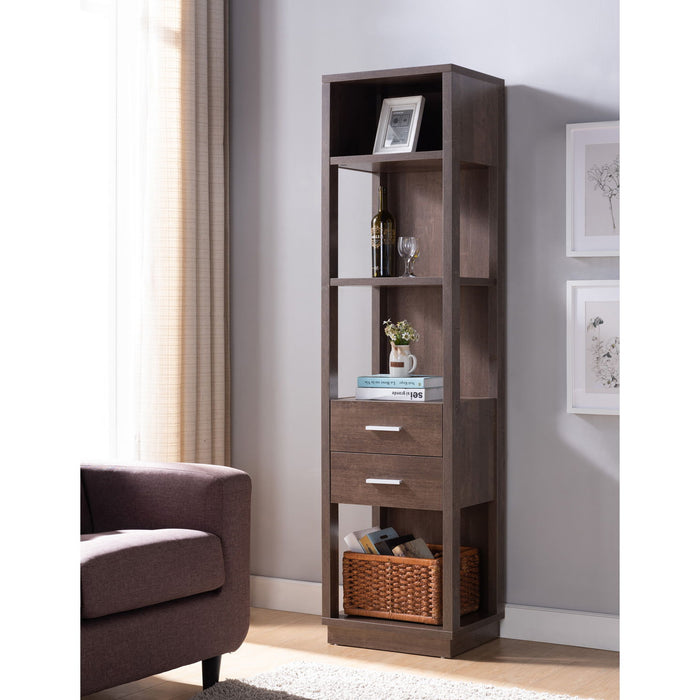 Media Tower, Display Storage Cabinet With Two Drawers And Open Shelving - Walnut Oak