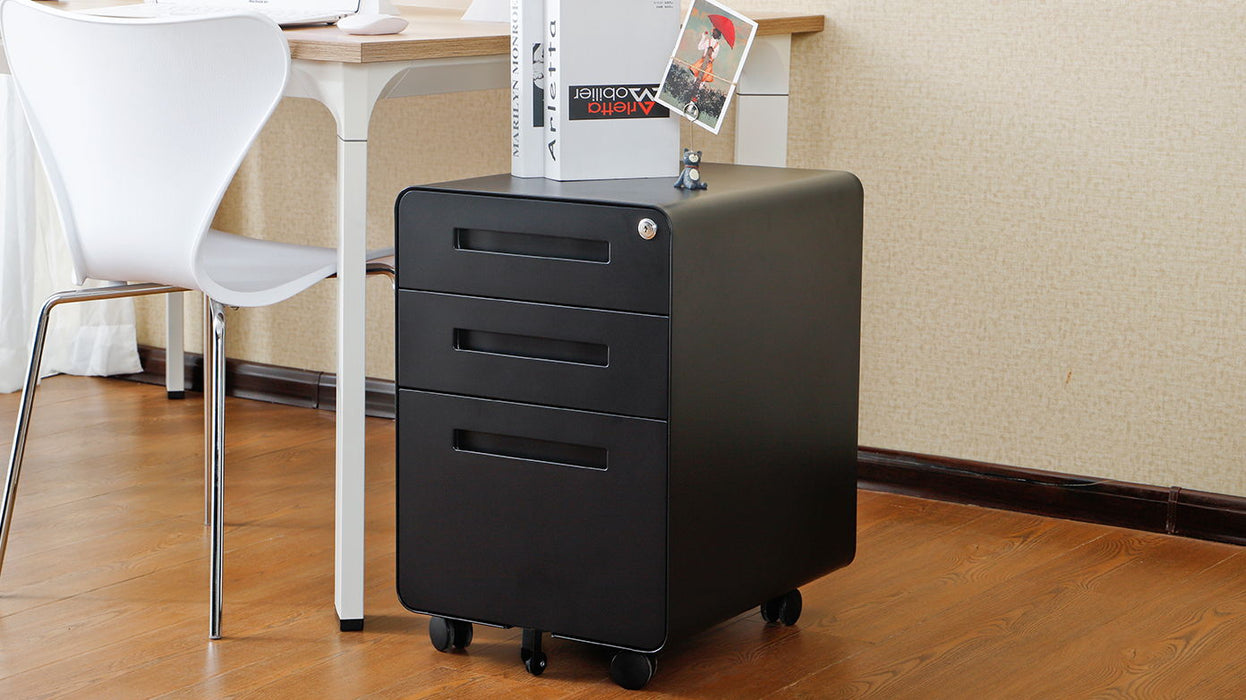 3 Drawer Mobile File Cabinet Under Desk Office, Simple Style Versatile Storage Cabinet For Legal / Letter / A4 Files, 5 Wheel Design Anti-Tilting Cold Rolled Steel Waterproof Moisture-Proof