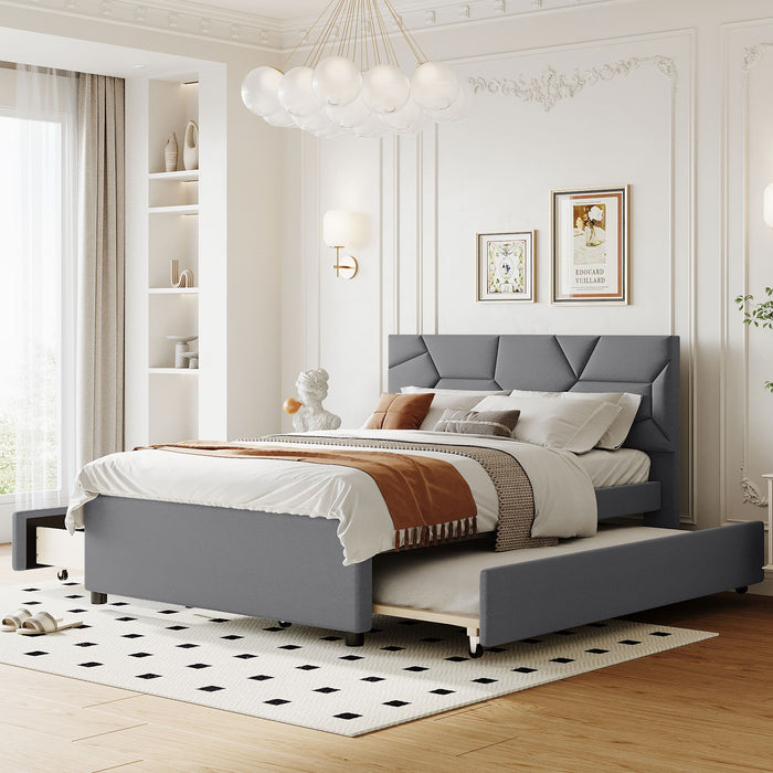 Full Size Upholstered Platform Bed With Brick Pattern Headboard, With Twin Size Trundle And 2 Drawers, Linen