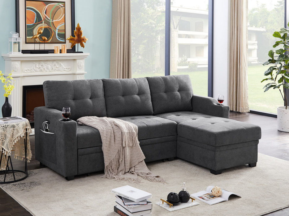 Mabel - Woven Fabric Sleeper Sectional With Cupholder, USB Charging Port nd Pocket - Dark Gray