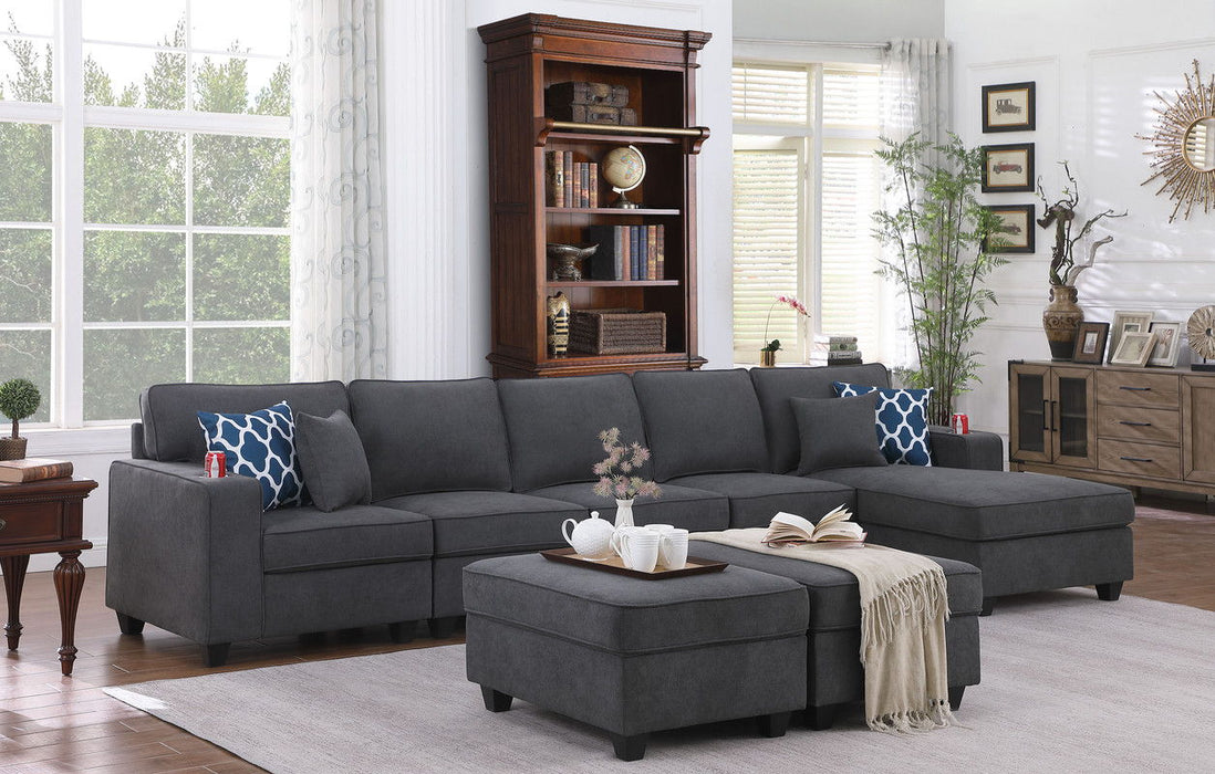 Cooper - Woven Fabric Sectional Sofa Chaise With 2 Ottomans And Cupholder - Stone Gray