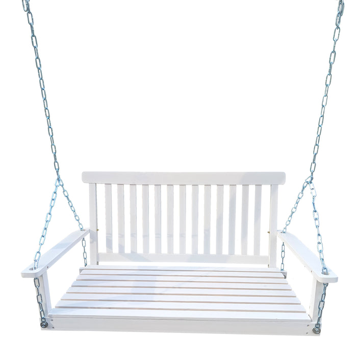 Front Porch Swing With Armrests, Wood Bench Swing With Hanging Chains, For Outdoor Patio, Garden Yard, Porch, Backyard, Or Sunroom, Easy To Assemble, White