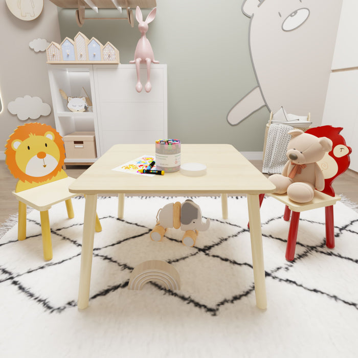 Wooden Activity 3 Pieces Toddler Table And Chair Set (Lion&Monkey) - Beige