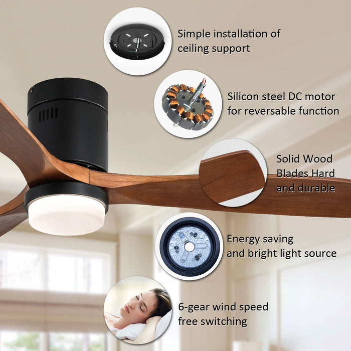 Wooden Ceiling Fan With 18W Led Light 3 Solid Wood Blades Remote Control Reversible Dc Motor For Home