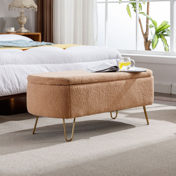 Camel Storage Ottoman Bench For End Of Bed Gold Legs, Modern Camel Faux Fur Entryway Bench Upholstered Padded With Storage For Living Room Bedroom