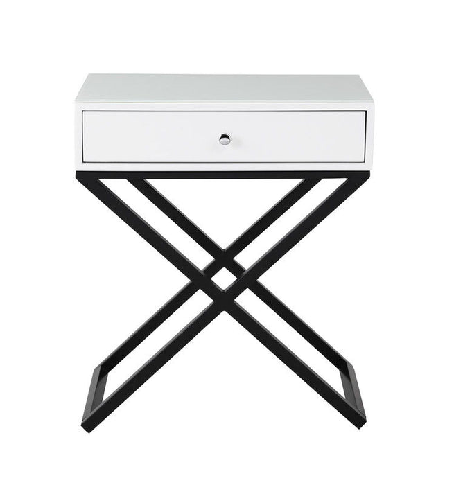 Koda - Wooden End Side Table Nightstand With Glass Top, Drawer And Metal Cross Base