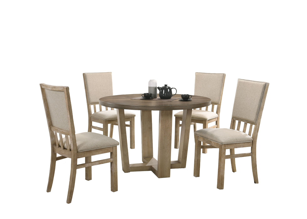 Brutus - 5 Piece Wide Contemporary Round Dining Table With Wheat Colored Fabric Chairs (Set of 5) - Vintage Walnut