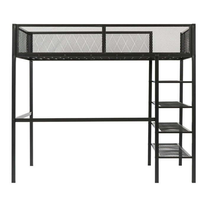 Loft Bed With 4 Tier Shelves And Storage