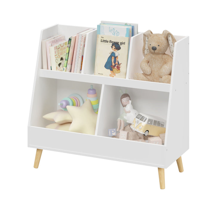 Kids Bookshelf And Toy Organizer, 5 Cubbies Wooden Open Bookcase, 2-Tier Baby Storage Display Organizer With Legs, Free Standing For Playing Room - White