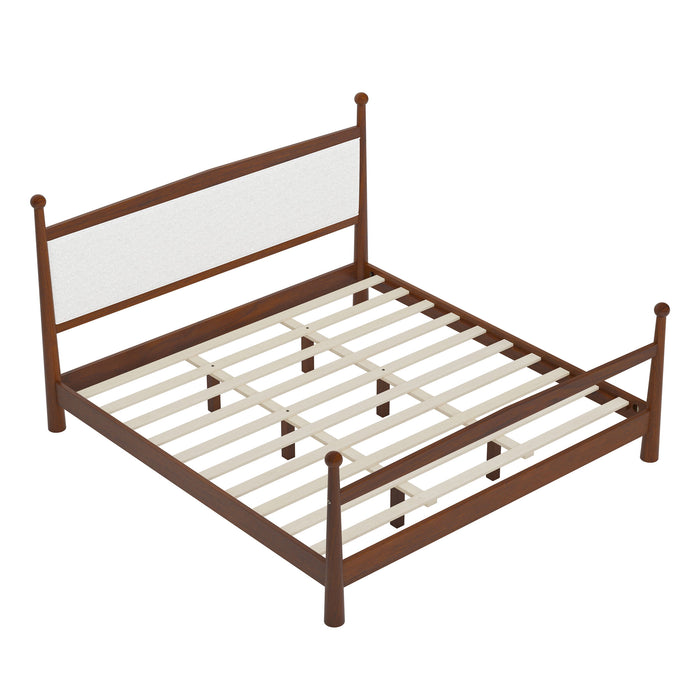 Mid-Century Modern Solid Pine Platform Bed With Upholstered Headboard, No Box Spring Needed