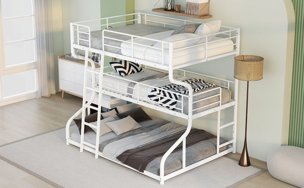Full Long Over Twin Long Over Queen, Triple Bunk Bed With Long And Short Ladder - White
