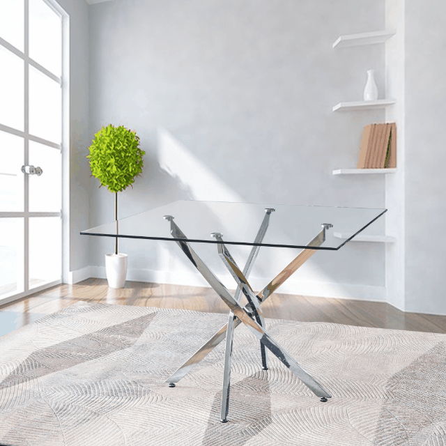 Contemporary Square Clear Dining Tempered Glass Table With Stainless Steel Legs