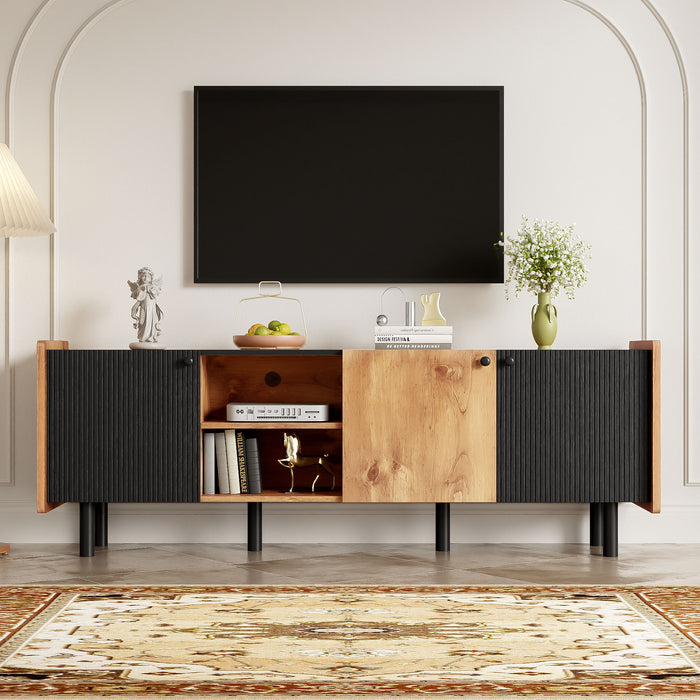 Mid Century TV Stand With 3 Cabinets, Media Console Table For Tvs Up To 70'', Entertainment Center With Storage For Living Room - Black / Brown