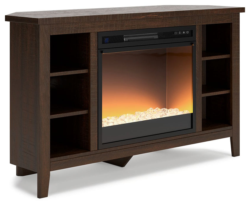 Camiburg - Warm Brown - Mueble TV esquinero con inserto para chimenea Vidrio/Piedra