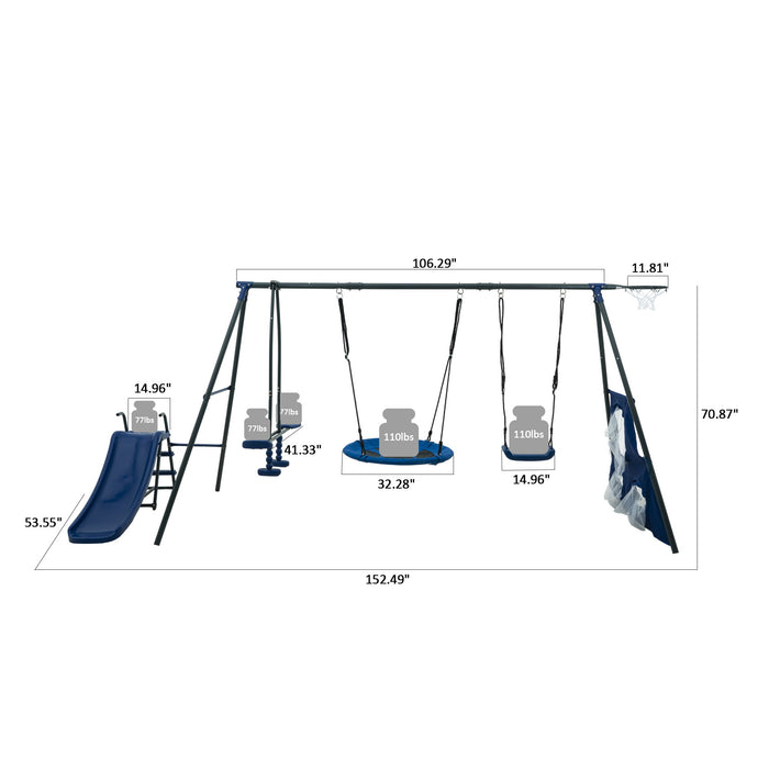 Interesting Six Function Swingset With Net Swing Metal Plastic Safe Swing Set 440Lbs For Outdoor Playground For Age 3+ With 31.5" Net Swing - Gray / Blue