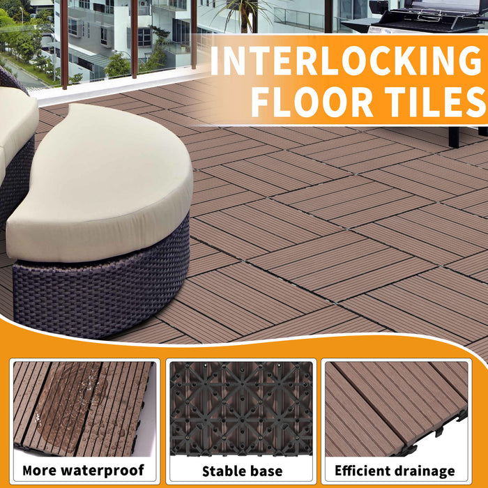 Wood Plastic Composite Deck Tiles (Set of 20), Sustainable Fsc Composite Decking Resist Rust, Water, Weather, Easy To Diy & Maintain, Ideal For Patios, Balconies, Rooftops - Coffee