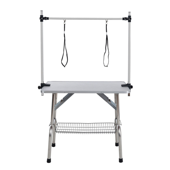 Folding Dog Pet Grooming Table Stainless Steel Frame Rubber Mat On Board With Adjustable Arm And Clamps Pet Dog Cat Grooming Table - Silver Gray