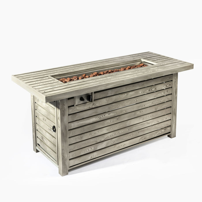54" Outdoor Fire Table Steel Fire Pit Table With Wood Grain Surface - Light Beige