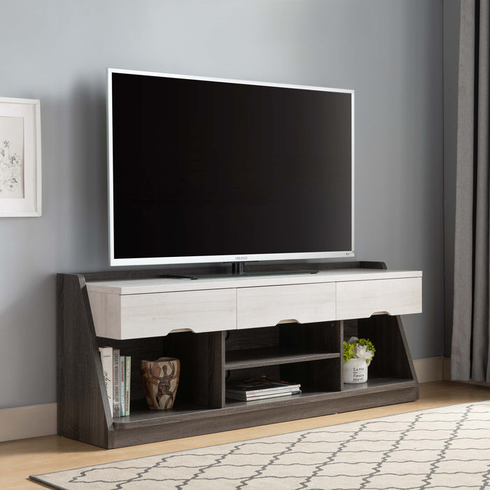 62" TV Console With 3 Drawers, 4 Shelves For Storage - White Oak & Distressed Grey
