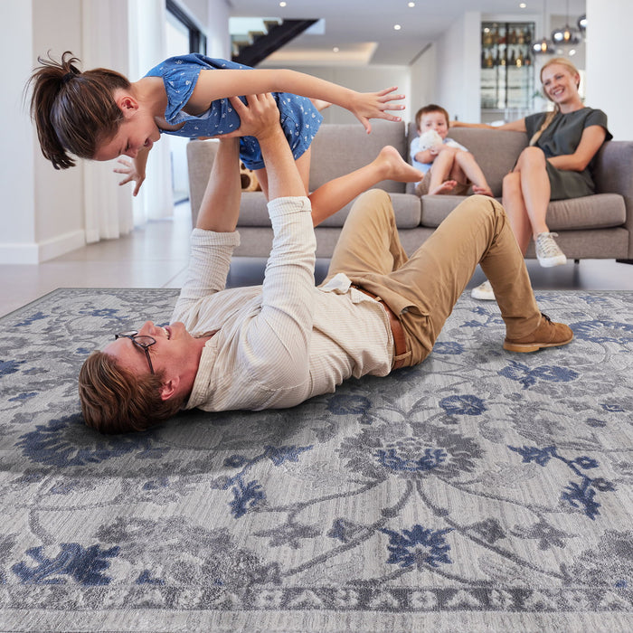 8' x 10' Oriental Non-Shedding Living Room Bedroom Dining Home Office Stylish And Stain Resistant Area Rug - Blue / Silver