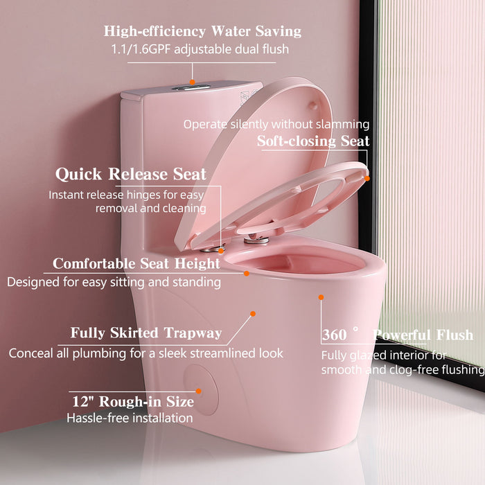 1.1 / 1.60 Gpf Dual-Flush One Piece Toilet, Water-Saving Elongated Comfort Height Floor Mounted, Soft Close 1000 Gram Map Flushing Score Toilet 23T01-Rs - Rose