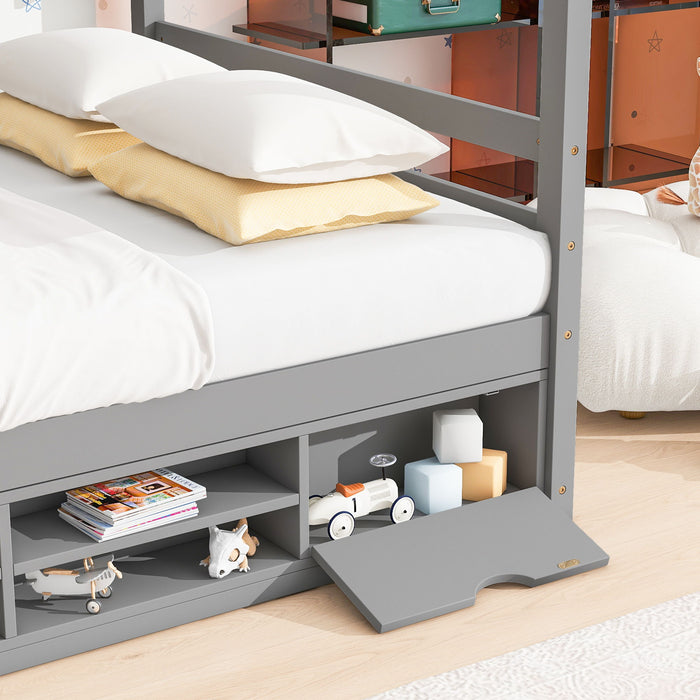 House Bed With Roof Frame, Bedside-Shelves, Under Bed Storage Unit