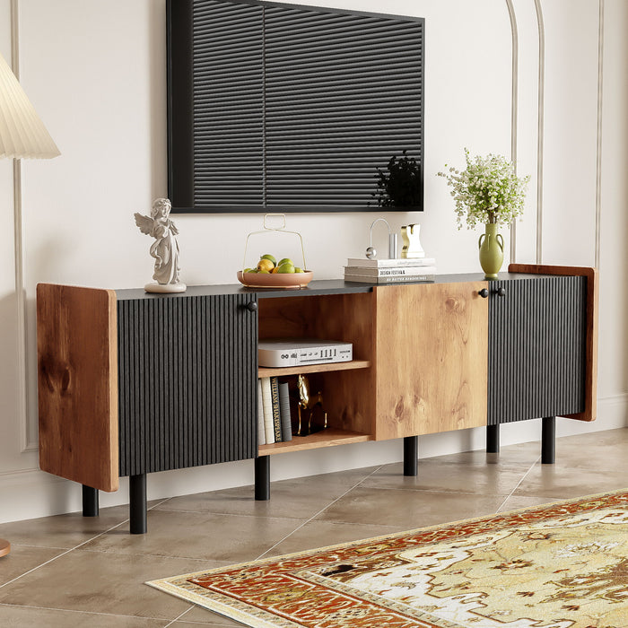 Mid Century TV Stand With 3 Cabinets, Media Console Table For Tvs Up To 70'', Entertainment Center With Storage For Living Room - Black / Brown