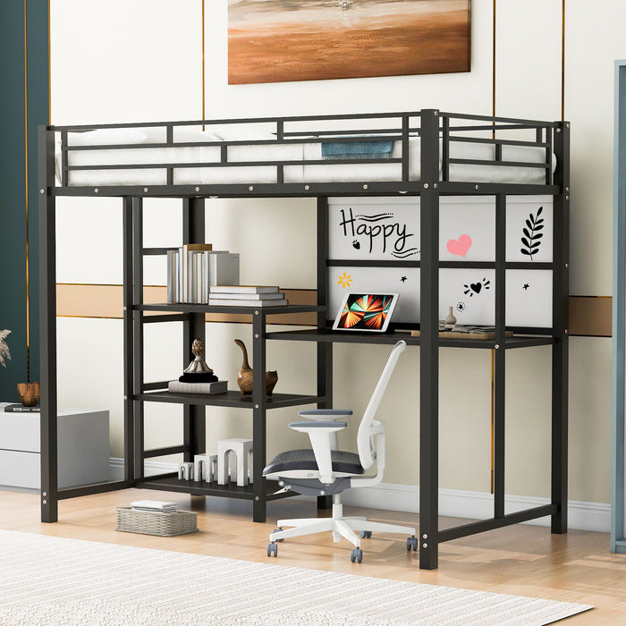 Twin Size Loft Bed With Desk And Whiteboard, Metal Loft Bed With 3 Shelves And Ladder - Black