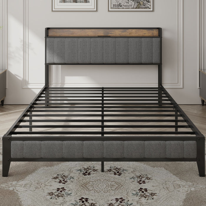 Queen Size Bed Frame with Charging Station, Upholstered Headboard, Metal Platform, Grey