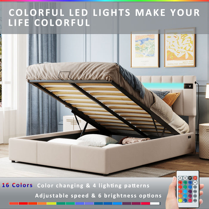 Queen Size Upholstered Bed With Led Light - Bluetooth Player And USB Charging, Hydraulic Storage Bed