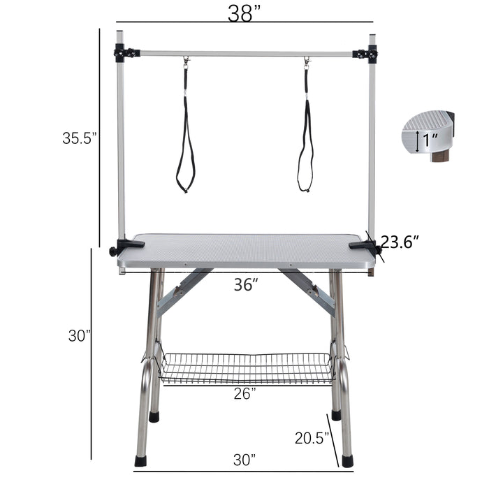 Folding Dog Pet Grooming Table Stainless Steel Frame Rubber Mat On Board With Adjustable Arm And Clamps, Pet Dog Cat Grooming Table - Silver Gray