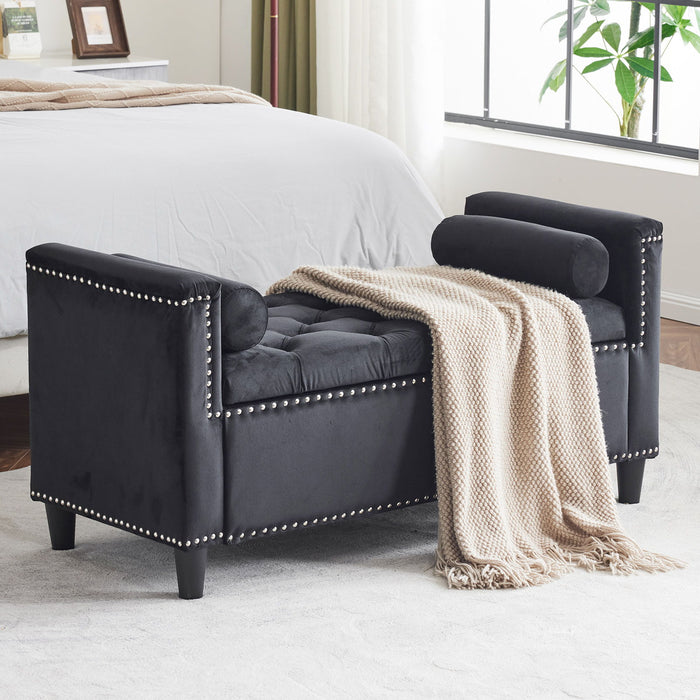 Storage Bench, 44.5" Velvet Button Bedside Bench, Entryway Living Room With Armrests, Nailhead Trim, Upholstered Bedroom Bench, Bedside Ottoman, Living Room, Entryway