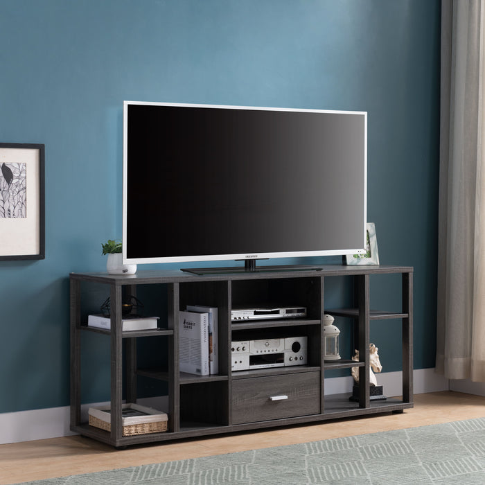 TV Stand With Unique Bookcase Design With Eight Shelves, One Drawer - Distressed Gray