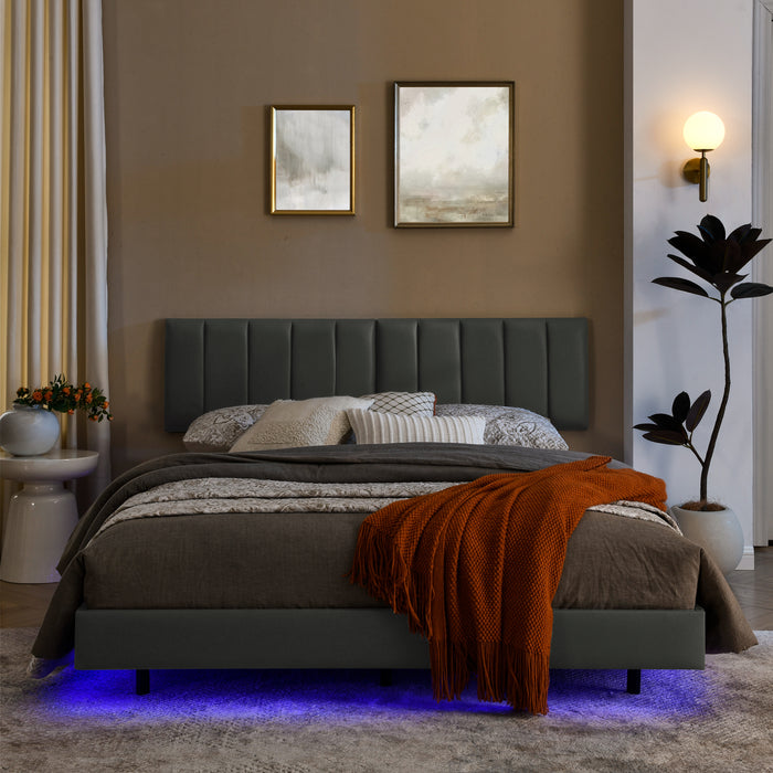 Queen Floating Bed Frame with LED Lights and Wall Mounted Headboard - Grey