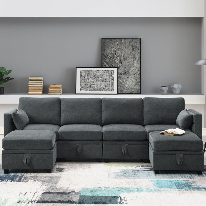 Chenille Modular Sectional Sofa, U Shaped Couch With Adjustable Armrests And Backrests, 6 Seat Reversible Sofa Bed With Storage Seats For Living Room, Apartment