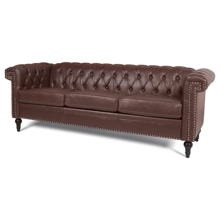 83.66" Width Traditional Square Arm Removable Cushion 3 Seater Sofa - Dark Brown