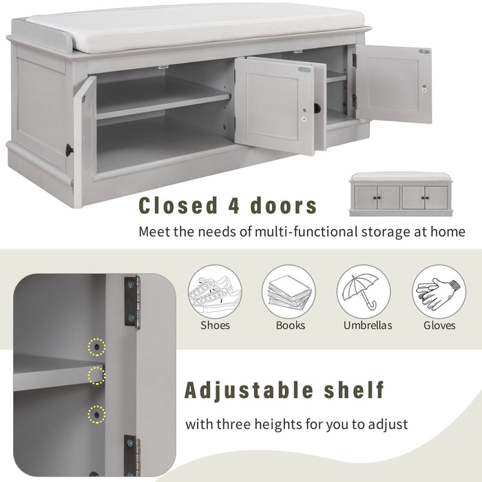 Storage Bench With 4 Doors And Adjustable Shelves, Shoe Bench With Removable Cushion For Living Room, Entryway