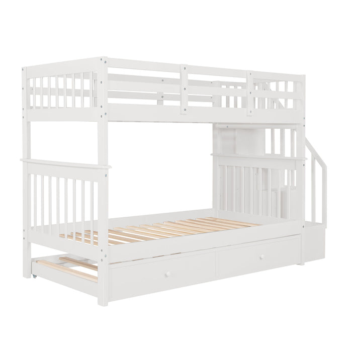 Stairway Twin Over Twin Bunk Bed With Twin Size Trundle For Bedroom - White