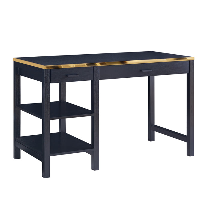 Elegant Office Desk With Two Drawer, Two Bottom Storage Shelves - Black & Gold