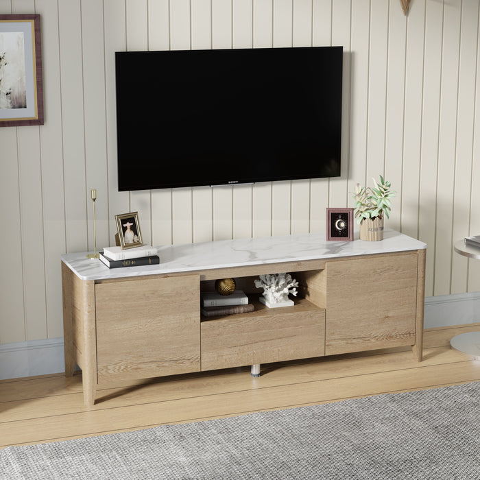 58" Modern TV Stand With LED Lights Entertainment Center TV Cabinet With Storage For Upholstered To 80" For Gaming Living Room Bedroom - Natural Wood Wash